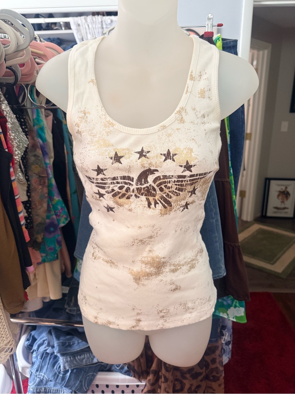 Graphic Cream Ribbed Tank Top with Eagle Star Motif